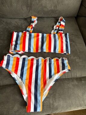 Multicolor Striped Bikini Set - Scallop Trim